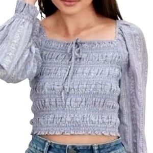 American Eagle Outfitters Gray and Purple Smocked Puff Sleeve Blouse